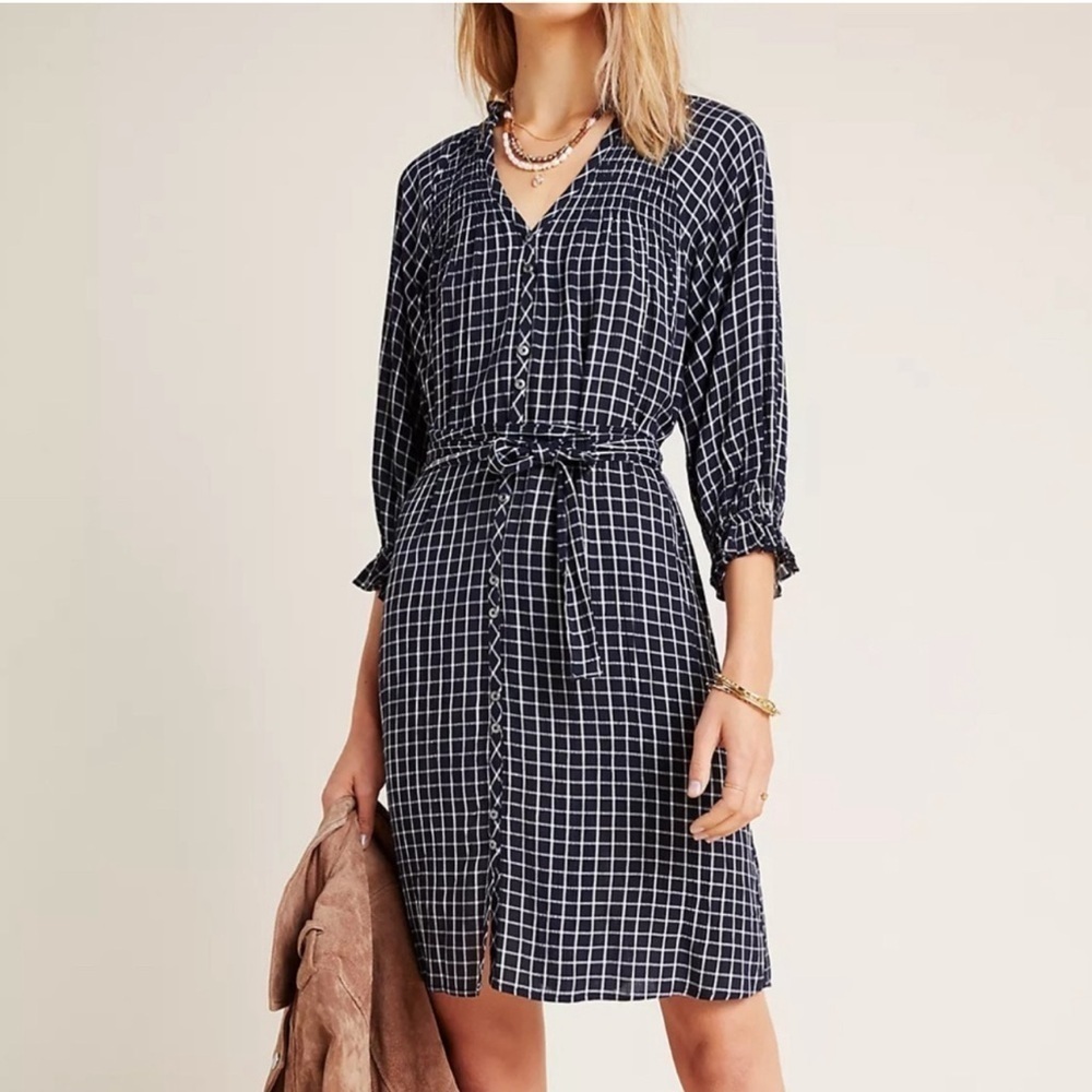 Anthropologie Maeve Sara Smocked Button Front Shirtdress Navy White Check Large